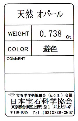 オパール ルース 裸石 0 738ct 12月19日の誕生日石 10月の誕生石 日本宝石科学協会宝石ソーティング付