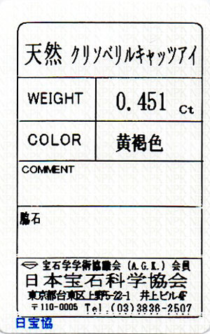 クリソベリル・キャッツアイ ルース (裸石) 1.683ct 【 8月3日