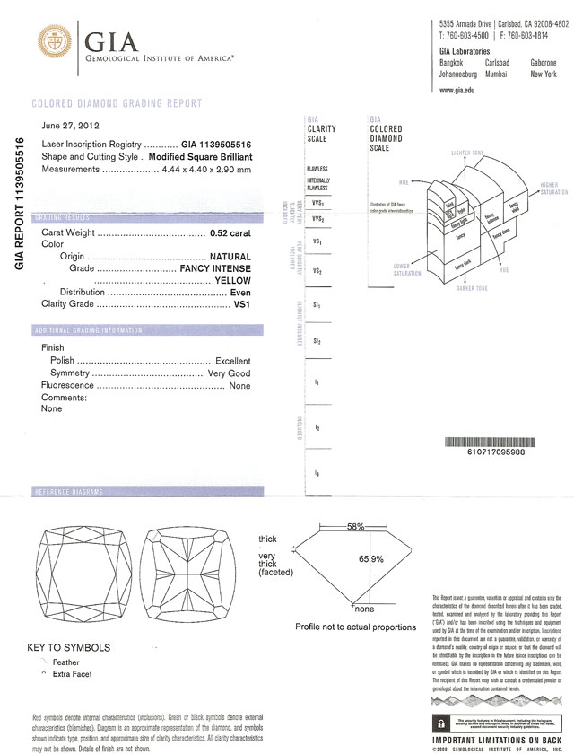 Pt900 天然イエローダイヤモンド 0.52ct リング(指輪) 【 GIA