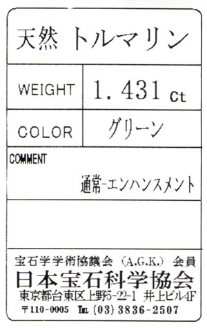 グリーントルマリン ルース 裸石 1 431ct 宝石ソーティング付 日本宝石科学協会 アッシェントレッカー エレクトリック ストーン バーデライト Tourmaline 電気石 1月8日 5月27日の誕生日石 送料無料