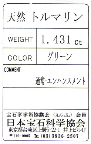 グリーントルマリン ルース 裸石 1 431ct 宝石ソーティング付 日本宝石科学協会 アッシェントレッカー エレクトリック ストーン バーデライト Tourmaline 電気石 1月8日 5月27日の誕生日石 送料無料