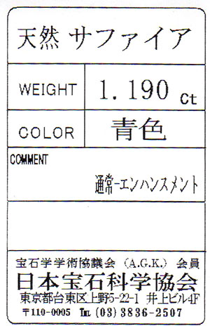 ブルー・サファイヤ ルース(裸石) 1.190ct, ( ブルーサファイヤ