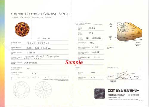 AGTジェムラボラトリー・カラーダイヤモンド鑑定書見本