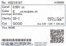 0.501ct, E, SI-1, GOOD, 中央宝石研究所ダイヤモンドソーティング画像