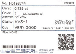 0.739ct, Iカラー, VVS-1, VERY GOOD, 中央宝石研究所ダイヤモンドソーティング画像