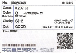 0.207ct, G SI-2, Good, 中央宝石研究所ダイヤモンドソーティング画像