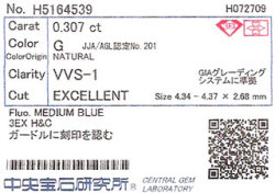 0.307ct, G, VVS-1, 3EX H&C, 中央宝石研究所ソーティング画像