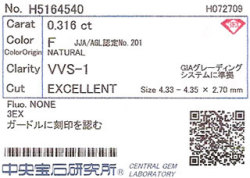 0.316ct, F, VVS-1, 3EX, 中央宝石研究所ソーティング画像