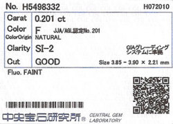0.201ct, F SI-2, Good, 中央宝石研究所ダイヤモンドソーティング画像
