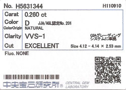0.260ct, D, VVS-1, EXCELLENT, 中央宝石研究所ダイヤモンドソーティング画像